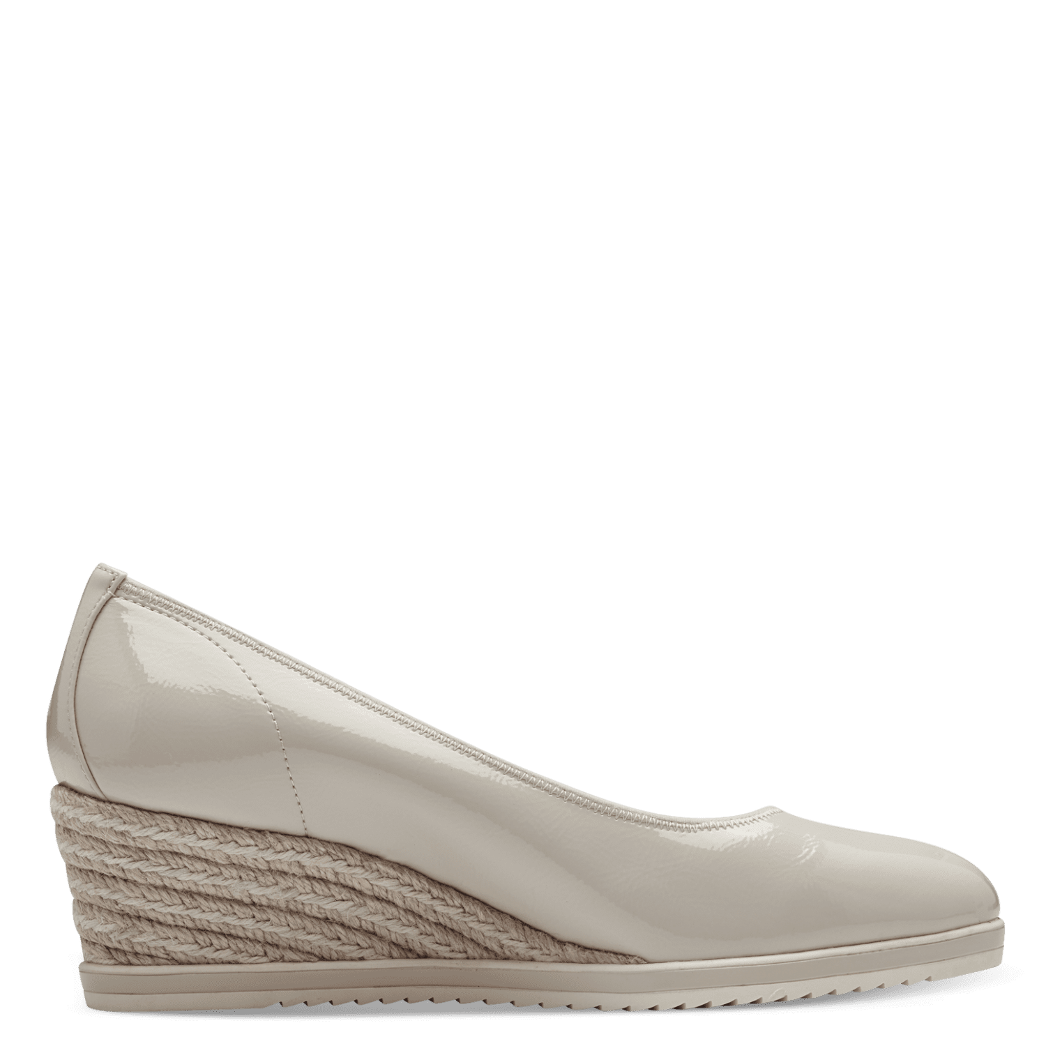 Front view of Tamaris beige patent wedge espadrille, showcasing the glossy finish and rounded toe.