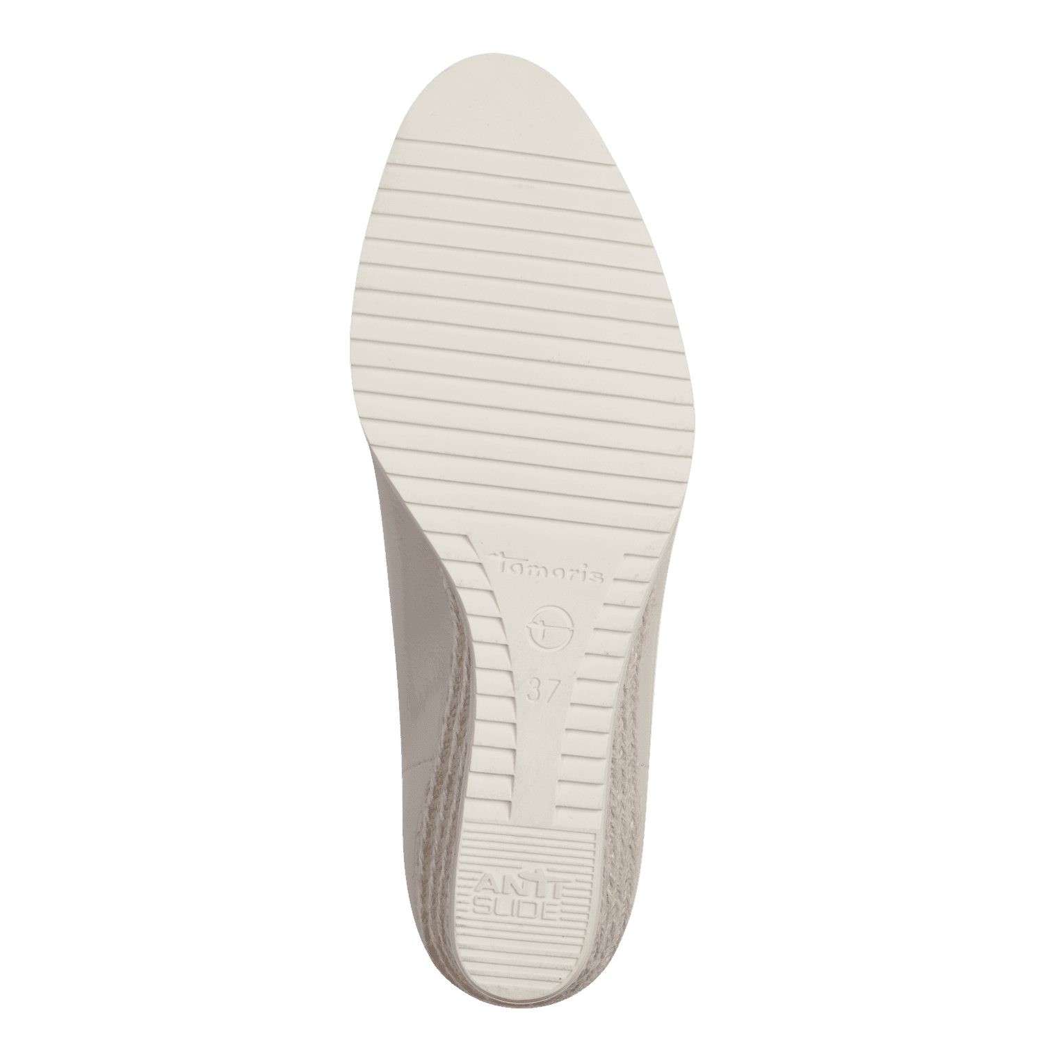  Angle view showing the ANTIslide and TOUCH-IT technology features of the Tamaris beige espadrille.