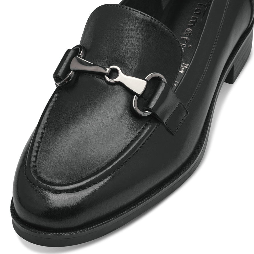 Tamaris Elegant Black Loafer with Chain Detail and Block Heel - Leavys Shoes