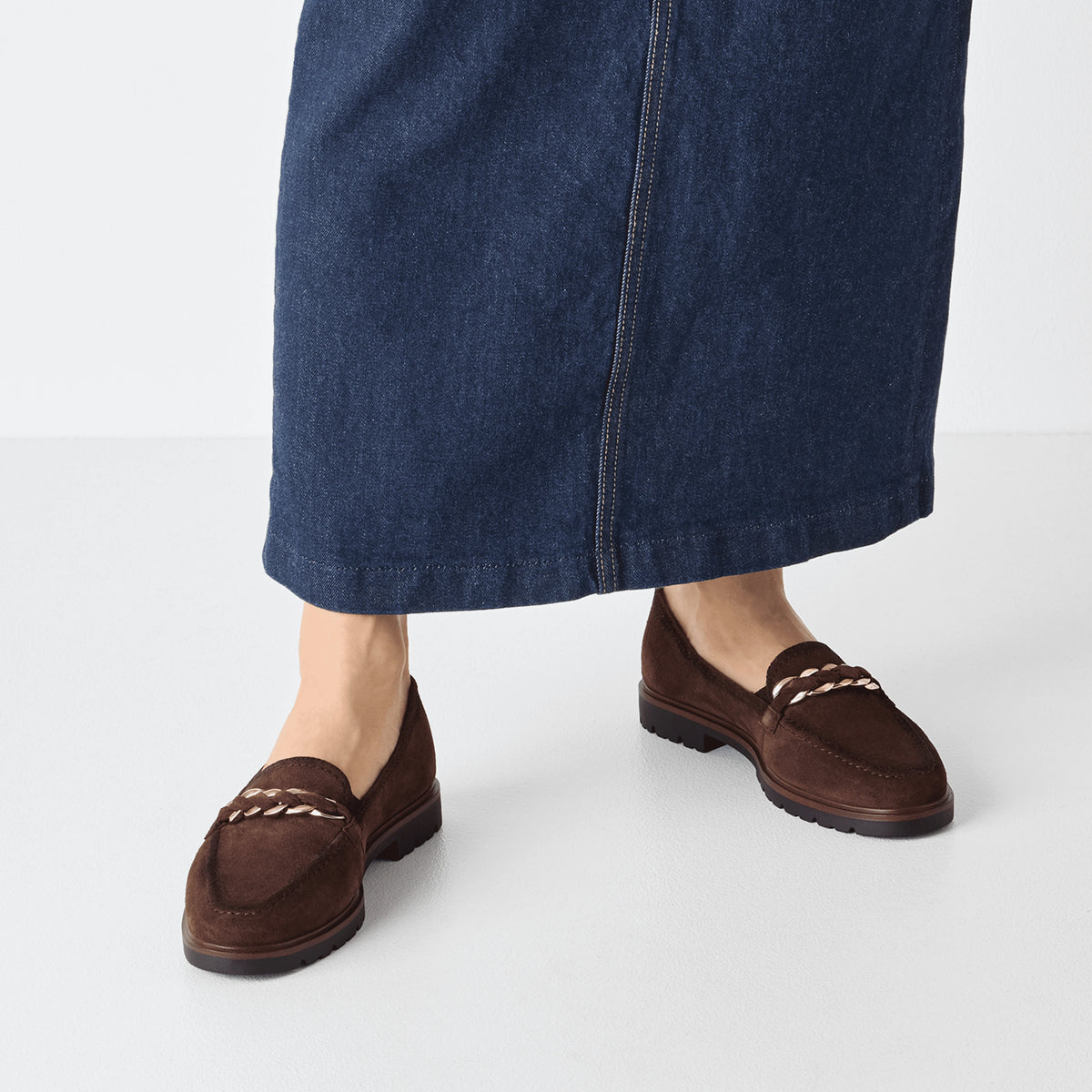 Tamaris Mocca Brown Leather Chain Loafers