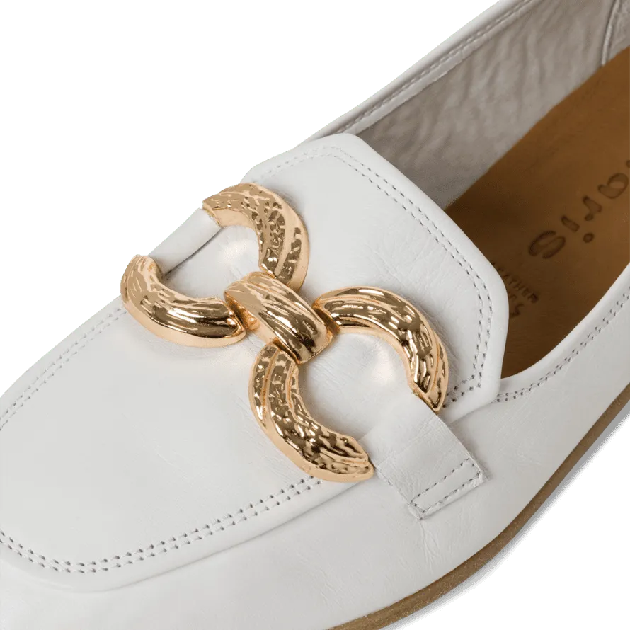 white and gold loafers