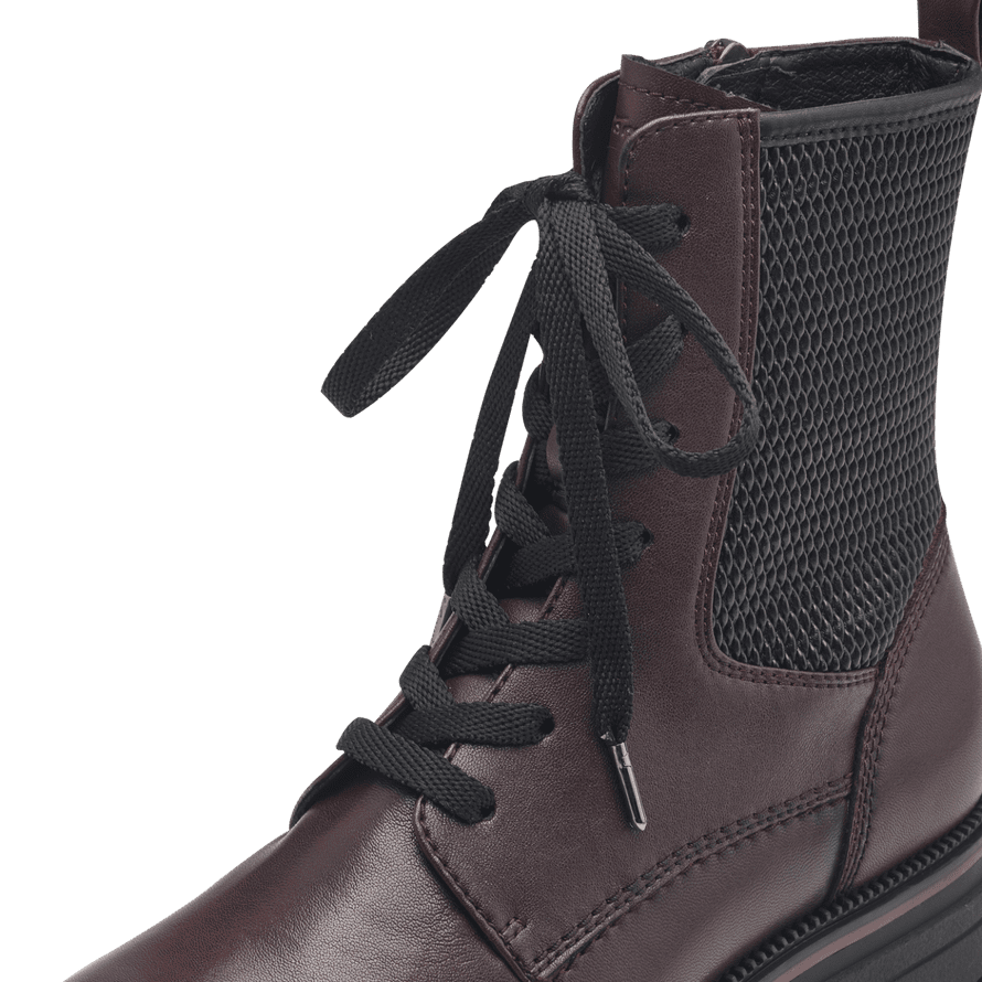 Close-up view of the boot's laces.