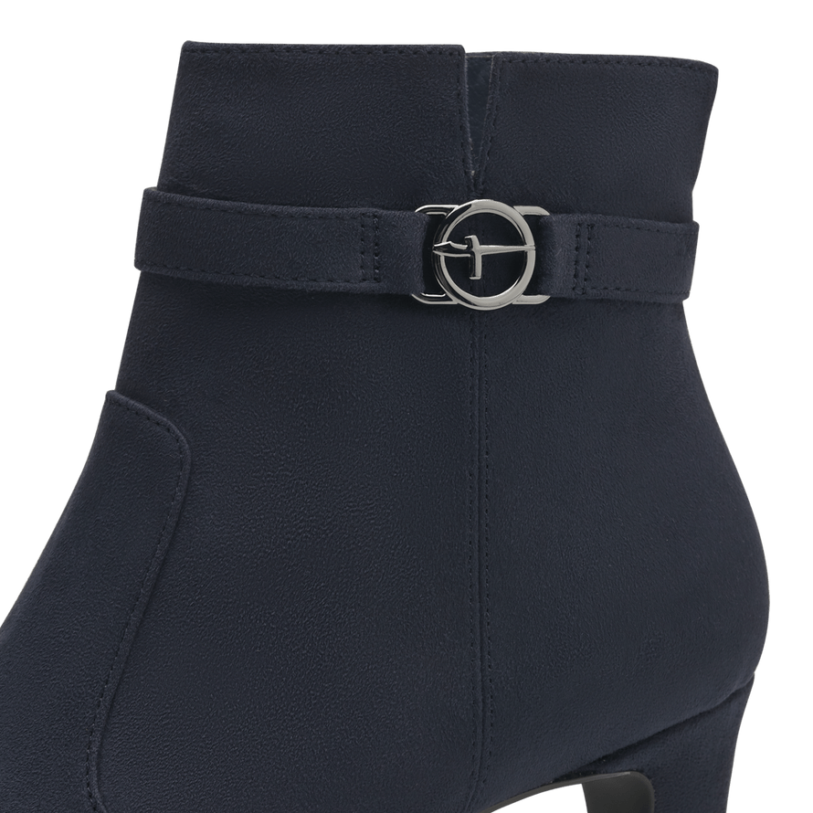 Close-up view of the rounded toe of the Tamaris Dressy Navy Thick Heel Boots.
