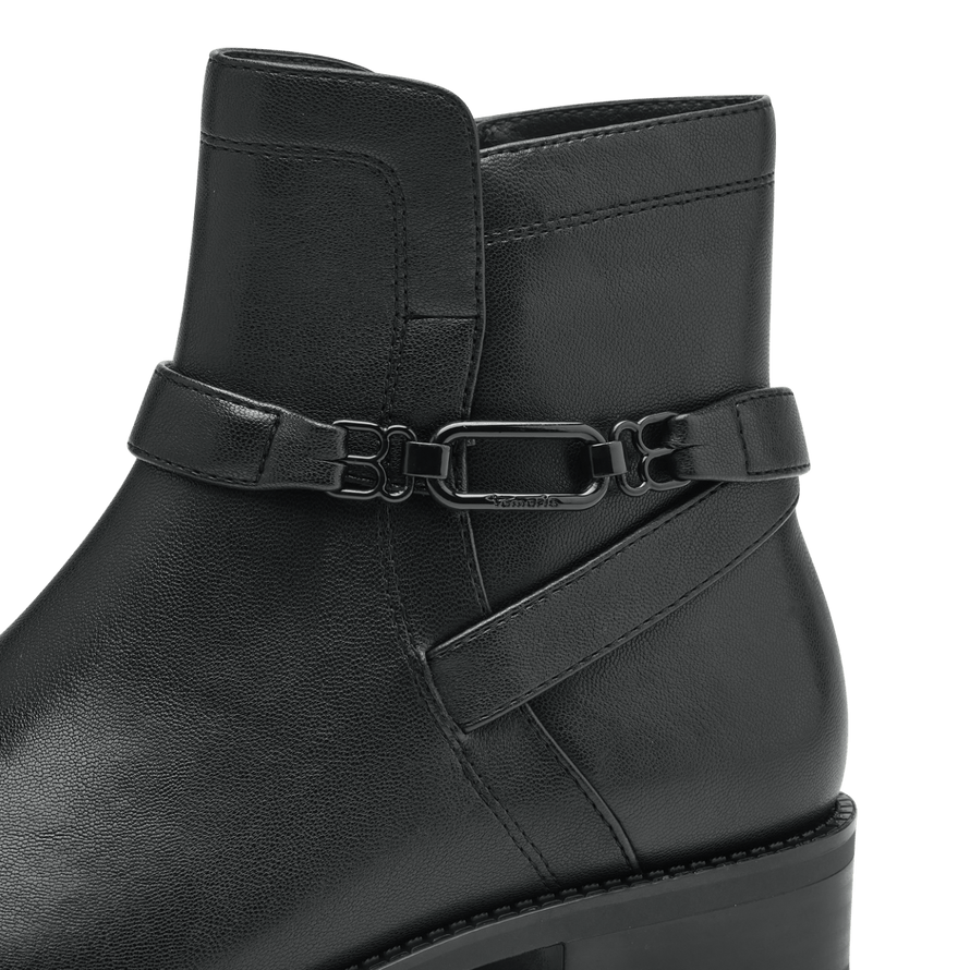 Close up of the black wrapped strap on the Tamaris ankle boot.