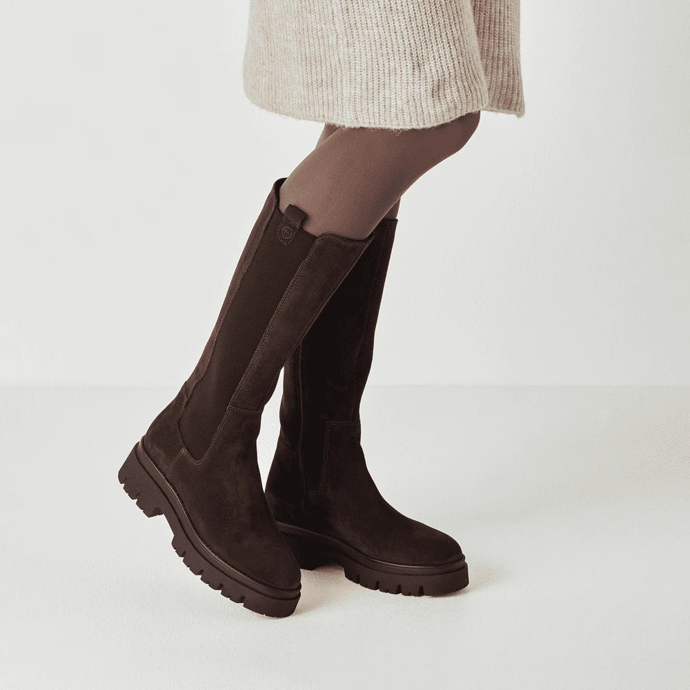 Tamaris Chocolate Brown Suede Chunky Knee-High Boots