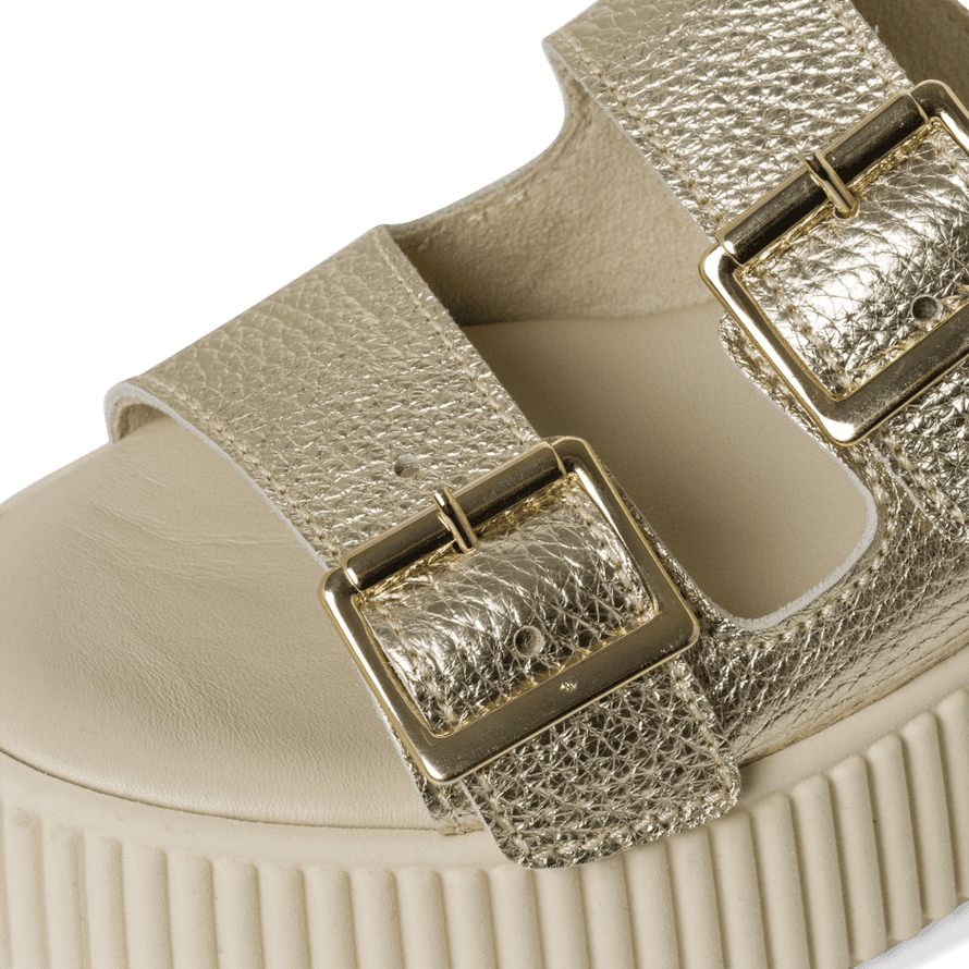 Tamaris Light Gold Leather Sandals with Platform Wedge