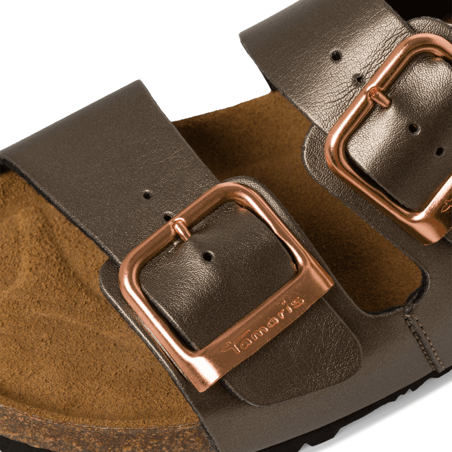 Tamaris Dark Grey Slip-On Sandals with Bronze Buckles