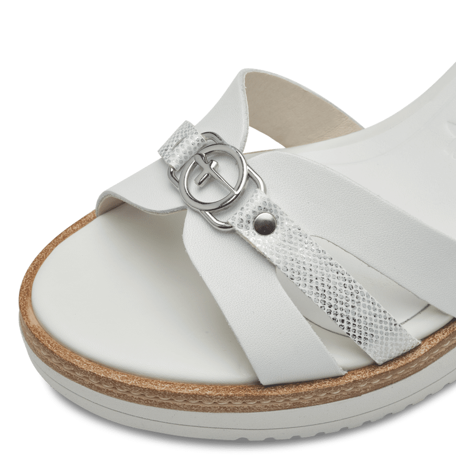 Tamaris White Leather Wedge Sandals with Silver Buckle