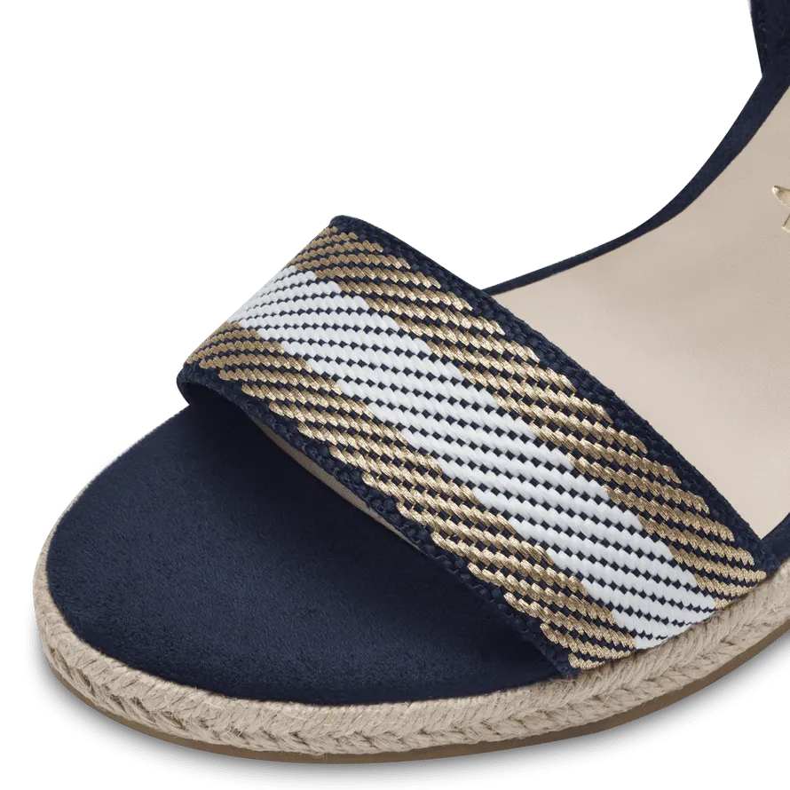 Tamaris Navy Vegan Wedge Sandals - Stripe Detail - Leavys Shoes