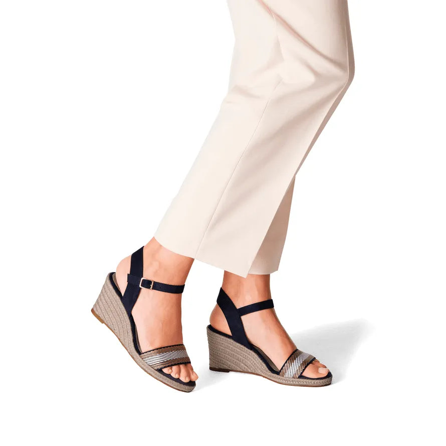 Tamaris Navy Vegan Wedge Sandals - Stripe Detail - Leavys Shoes