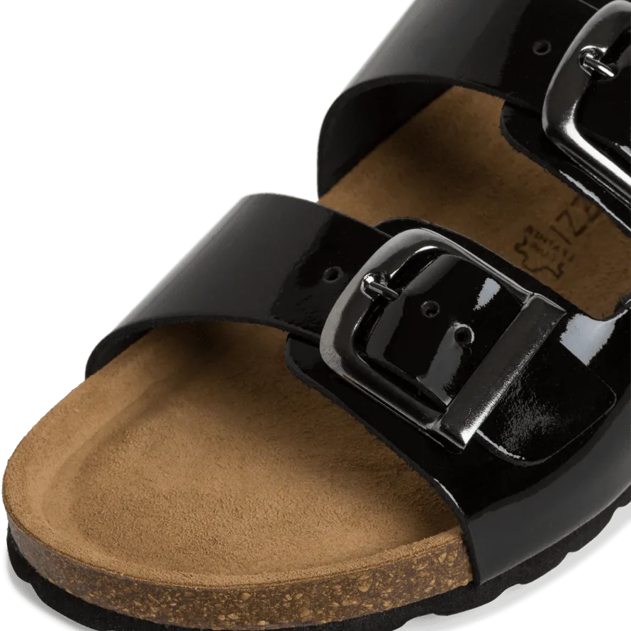 Marco Tozzi Black Patent Leather Sandal with Buckle Detail - Leavys Shoes