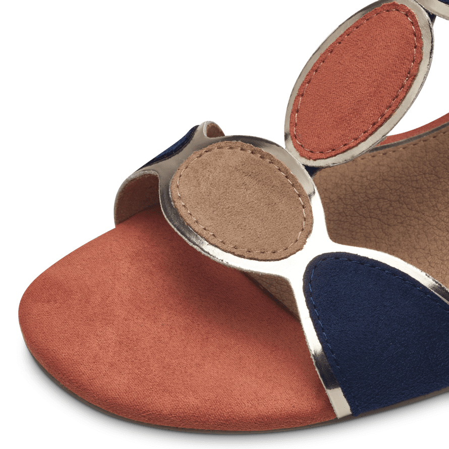 Marco Tozzi Navy Block Heel Sandal with Beige, Orange & Gold Details