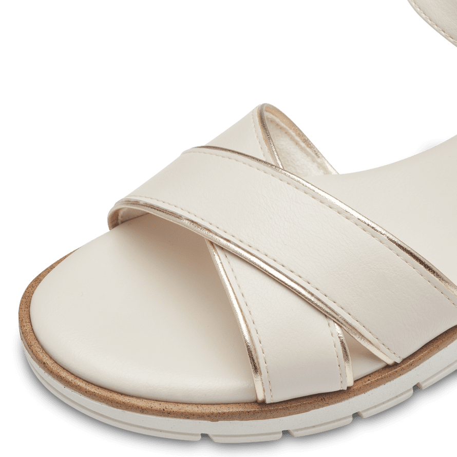 Marco Tozzi Cream-Coloured Vegan Sandal with Gold Buckle and Wedge Sole