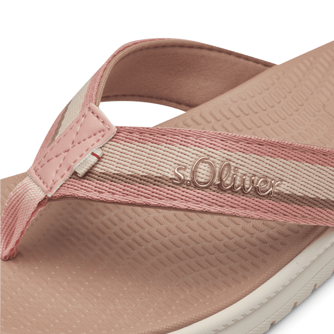 Close-up of the front of s.Oliver rose pink sandals highlighting the brand on the strap.