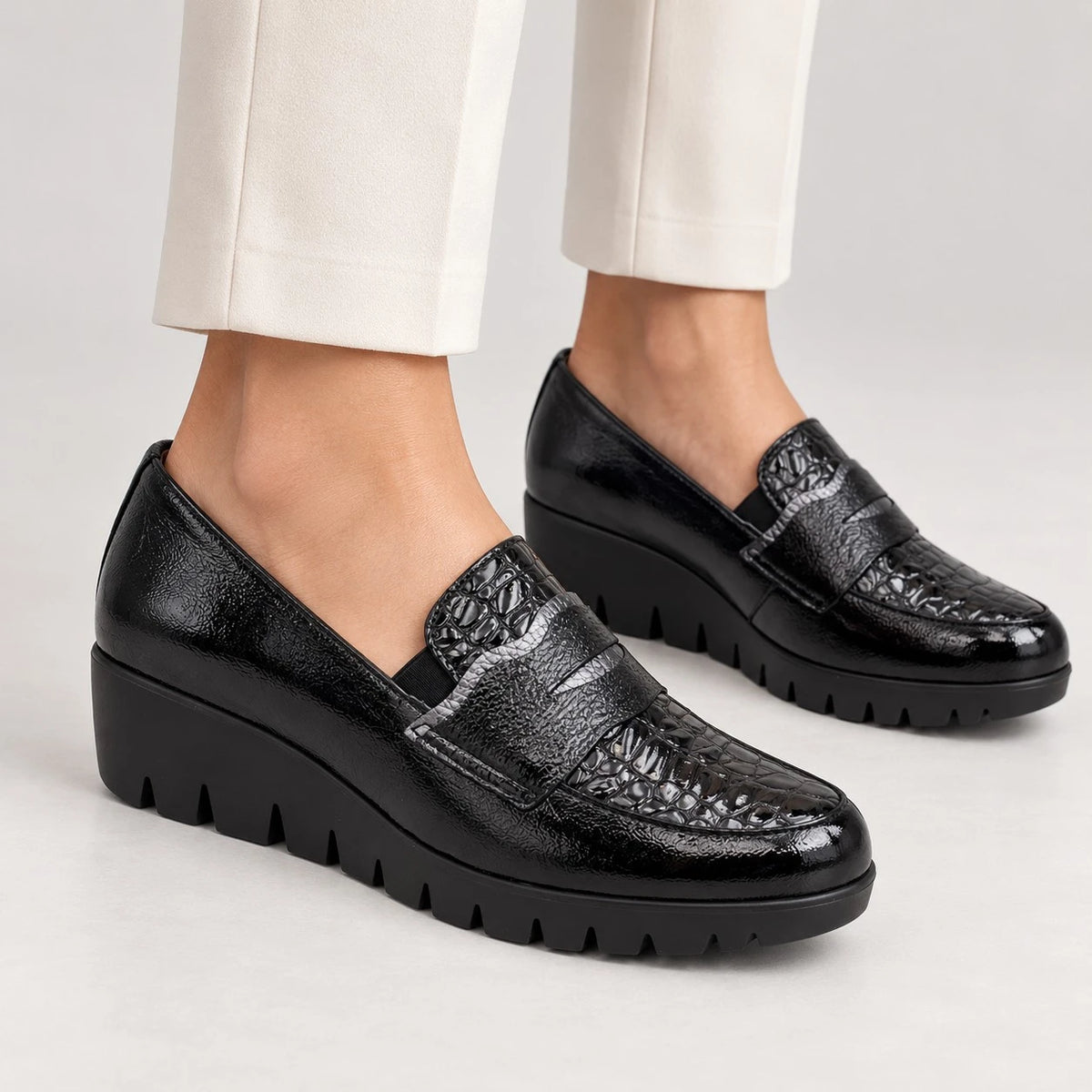 Wonders Black Patent Leather Wedge Loafers