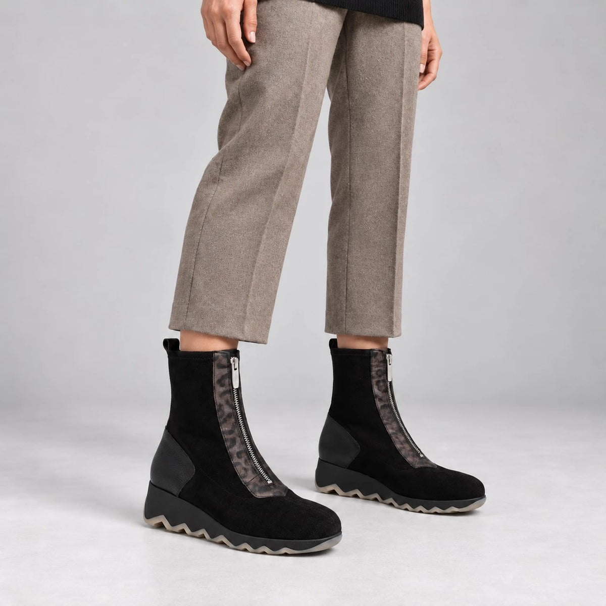 Wonders Black Suede Front Zip Wedge Ankle Boots