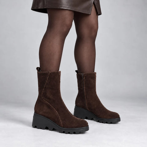 Wonders Dark Brown Suede Wedge Ankle Boots
