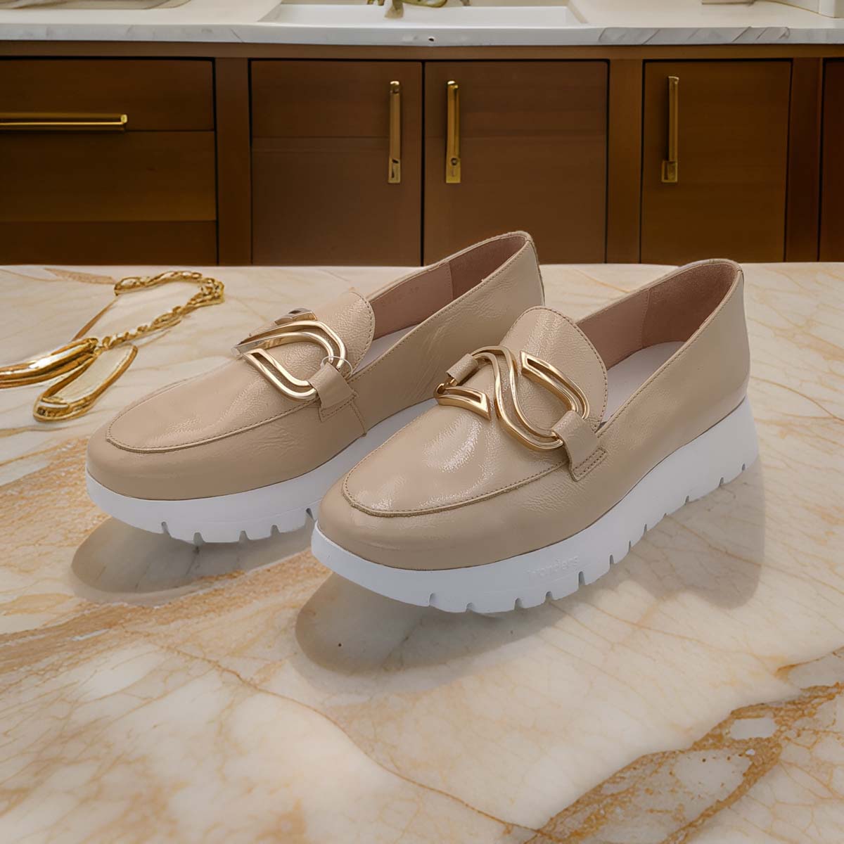 Wonders Neutral Beige Patent Leather Loafers - Lightweight Comfort with Gold Chain Detail