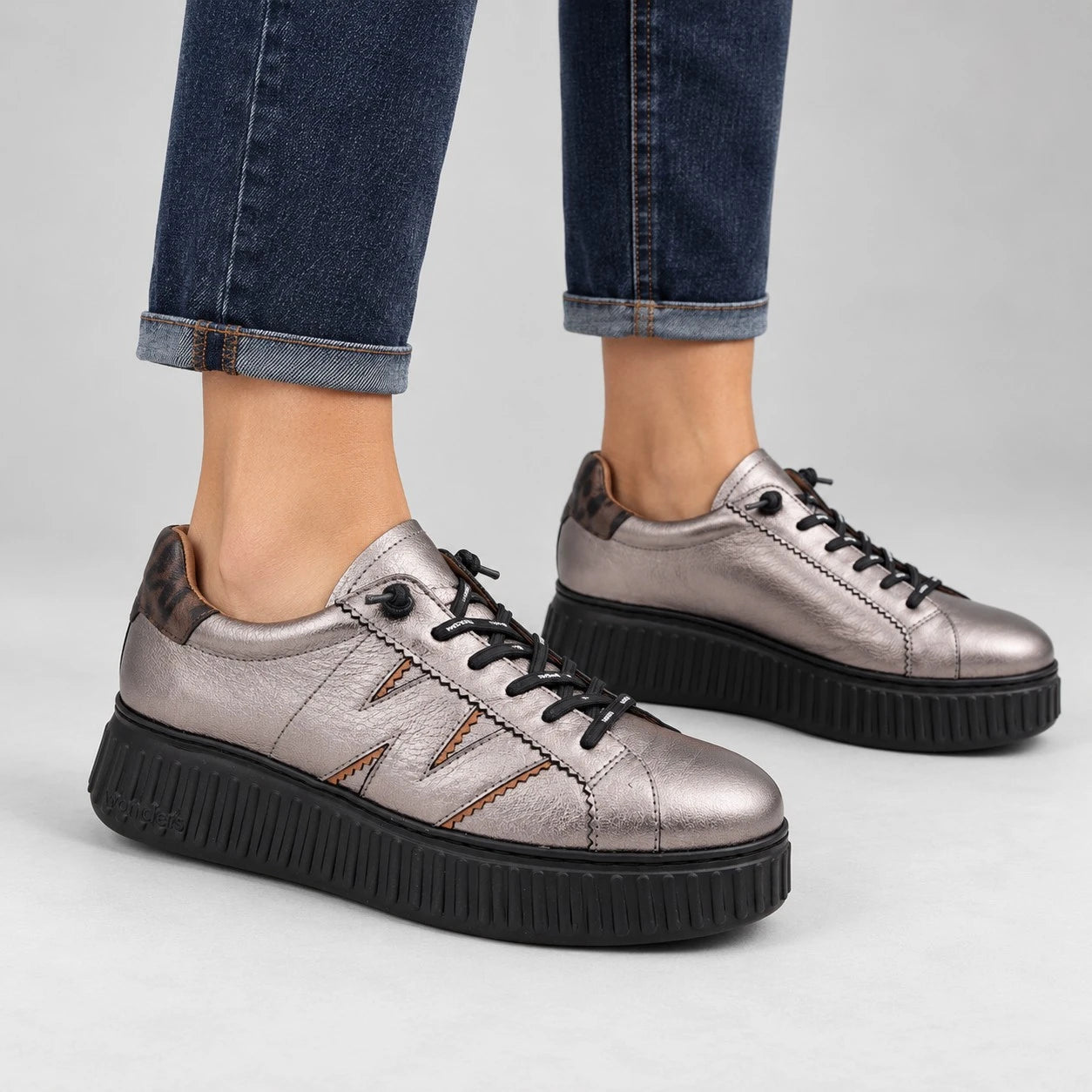 Wonders XFly Pewter & Bronze Leather Platform Trainers