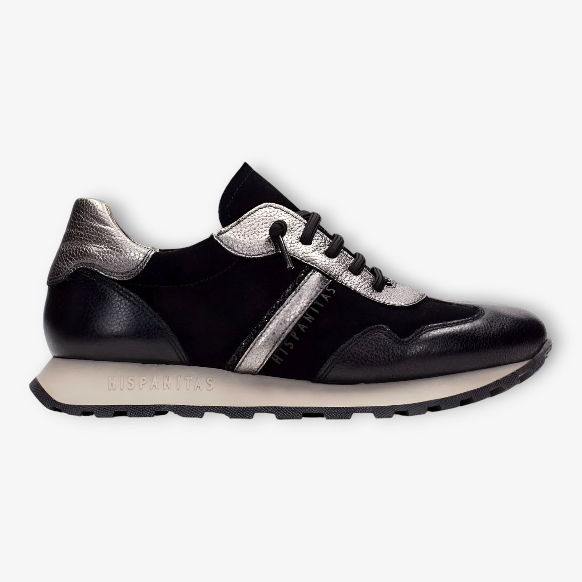 Hispanitas Runner Loira Black Suede with Pewter Accents and Bungee Laces