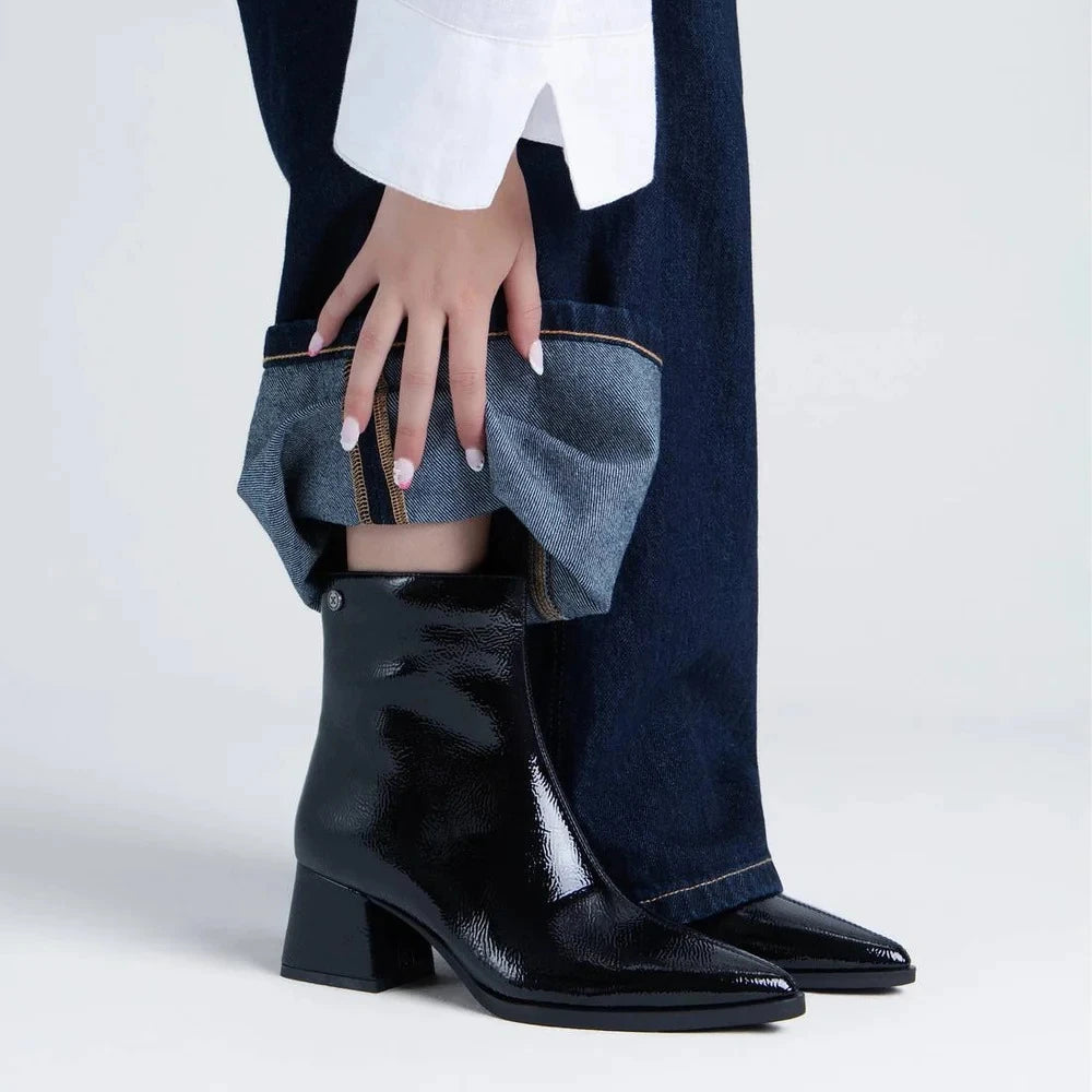 Xti Black Patent-Effect Vegan Block Heel Ankle Boots