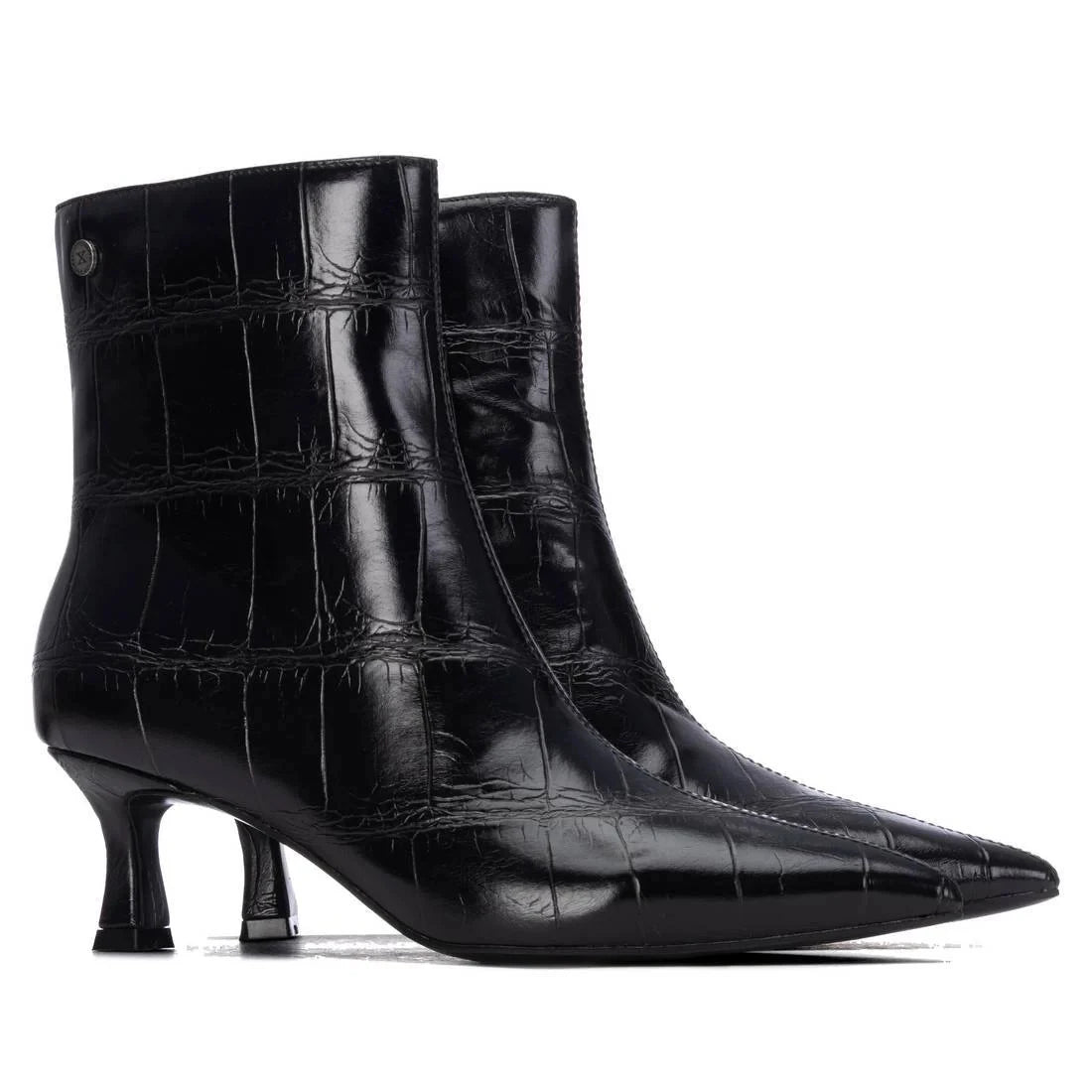 Xti Black Croc-Effect Pointed Vegan Ankle Boots