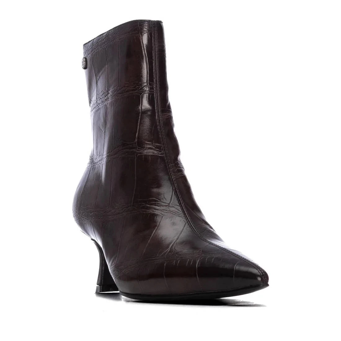Xti Chocolate Brown Croc-Effect Pointed Ankle Boots