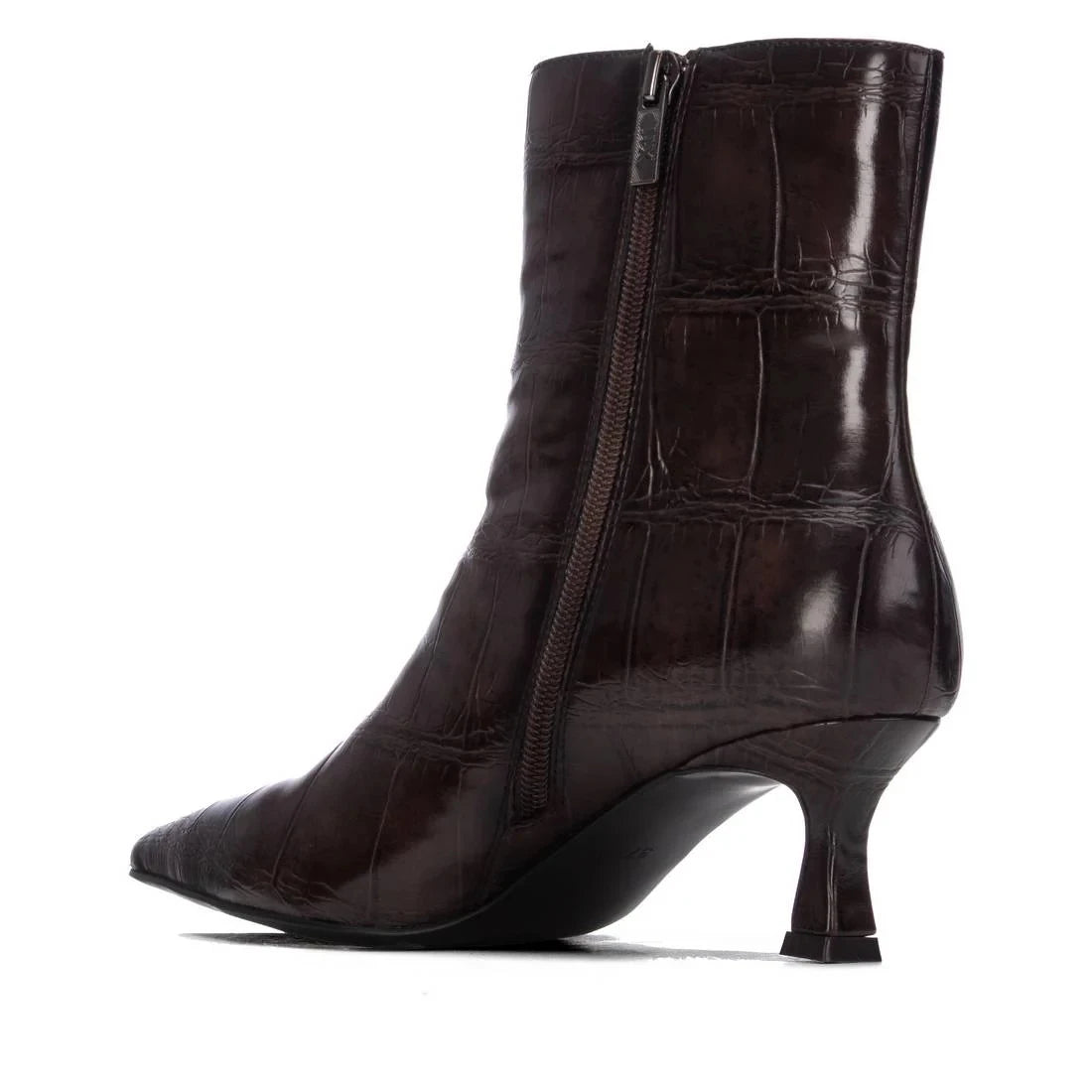 Xti Chocolate Brown Croc-Effect Pointed Ankle Boots