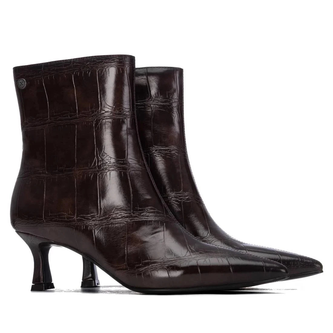 Xti Chocolate Brown Croc-Effect Pointed Ankle Boots