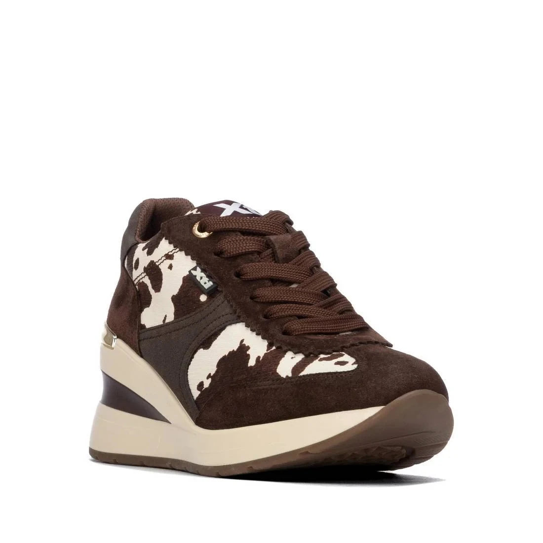 Xti Chocolate Brown Cow Print Wedge Trainers