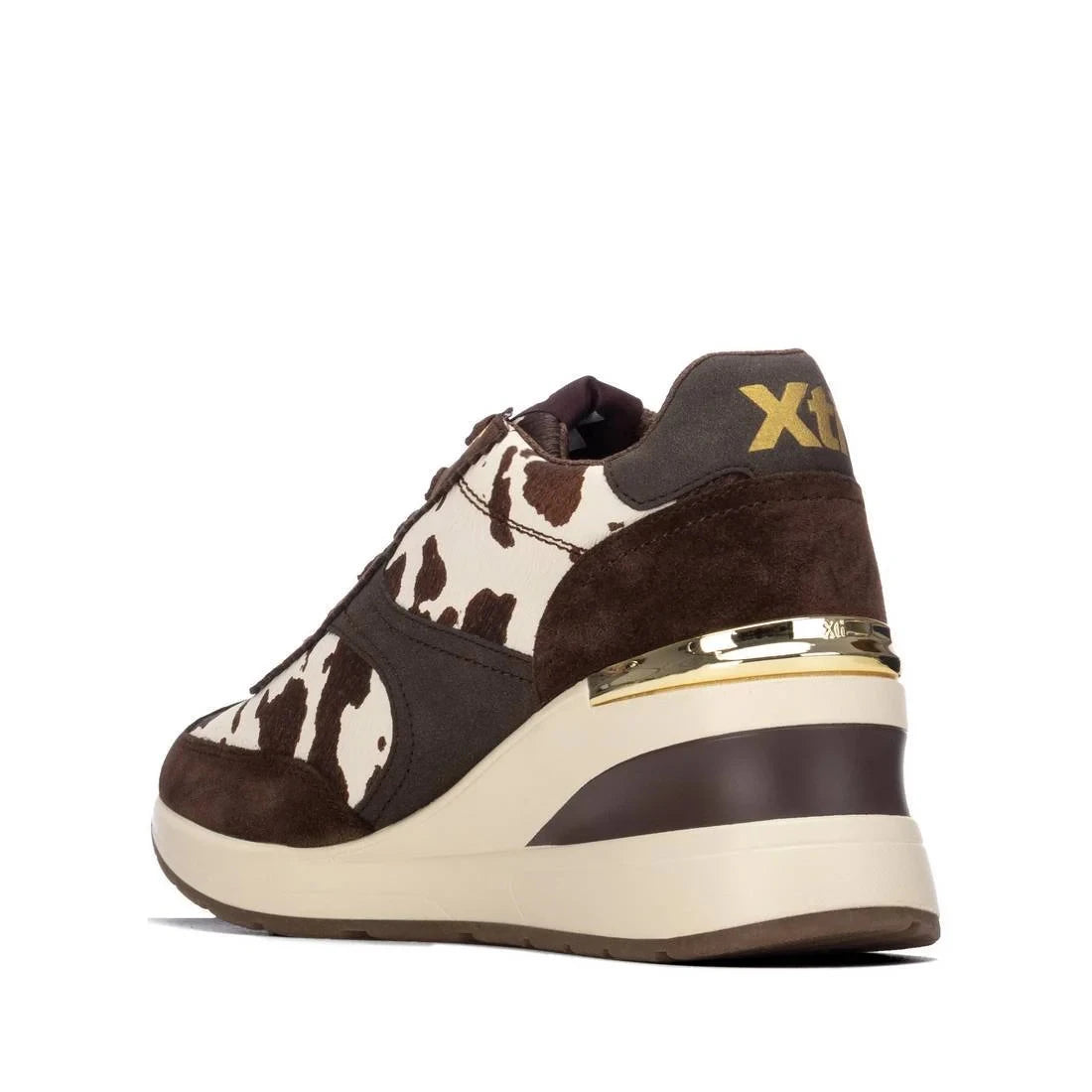 Xti Chocolate Brown Cow Print Wedge Trainers