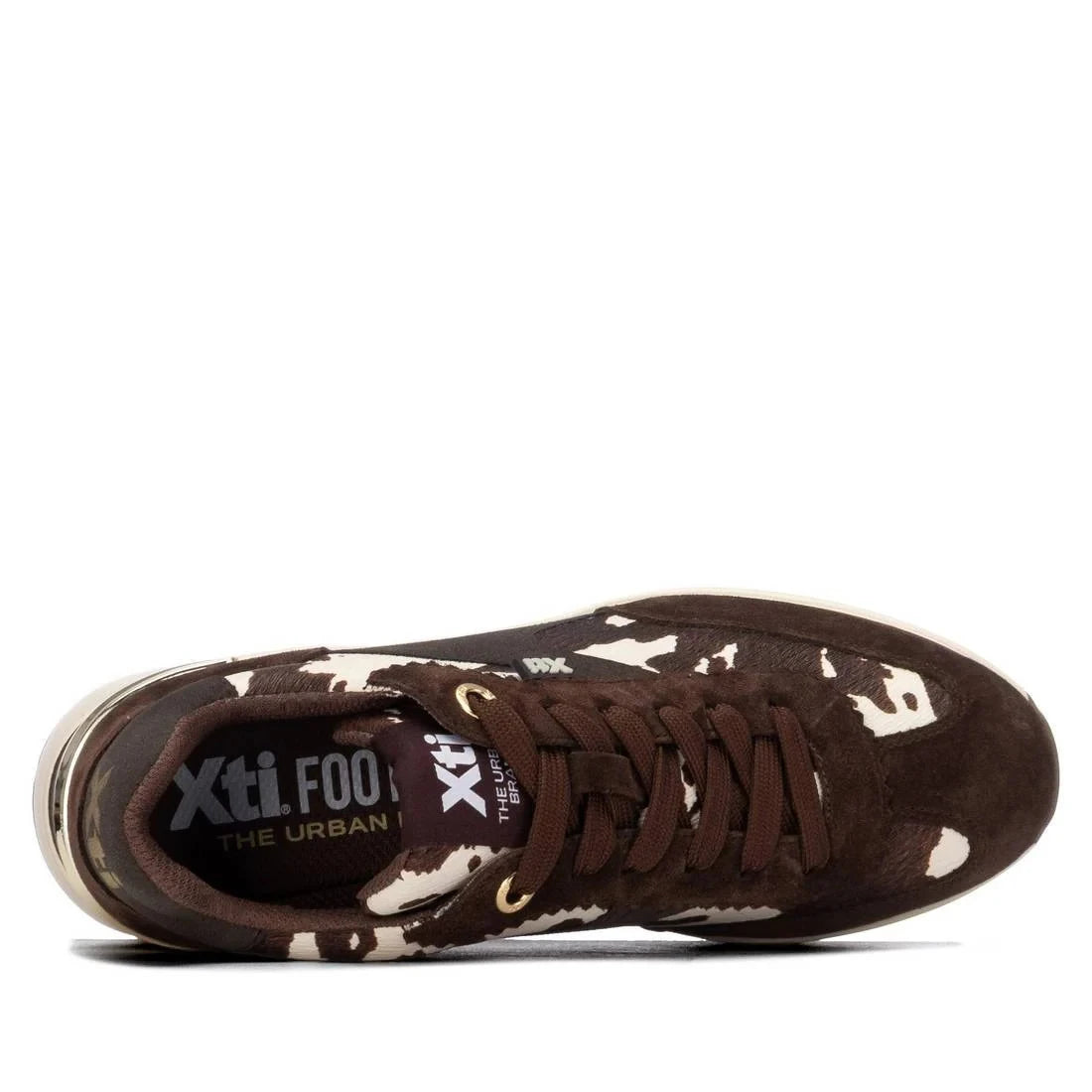 Xti Chocolate Brown Cow Print Wedge Trainers