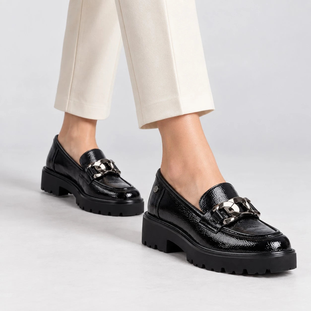 Xti Black Patent Chain Detail Chunky Loafers