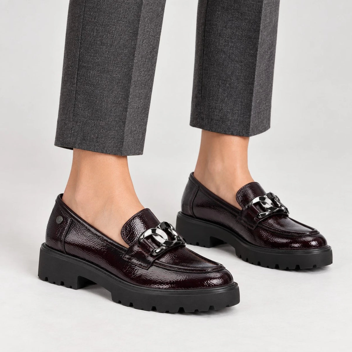 Xti Burgundy Patent Chunky Sole Chain Loafers