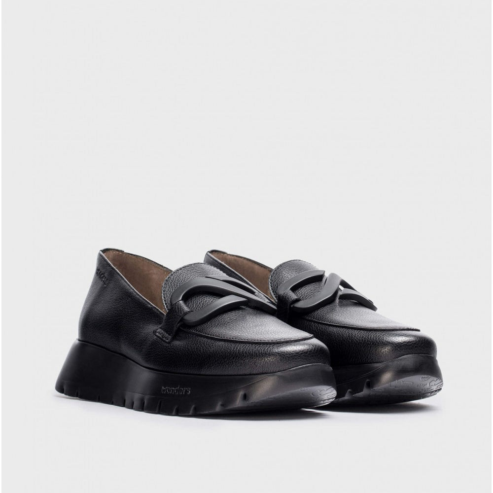 Wonders Black Leather Loafer – Wedge Sole & Matt Black Detailing - Leavys Shoes