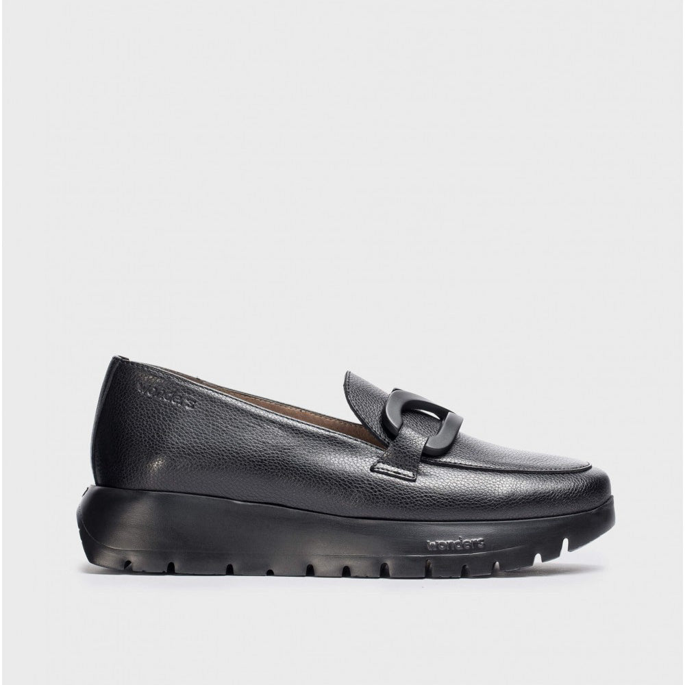 Wonders Black Leather Loafer – Wedge Sole & Matt Black Detailing - Leavys Shoes