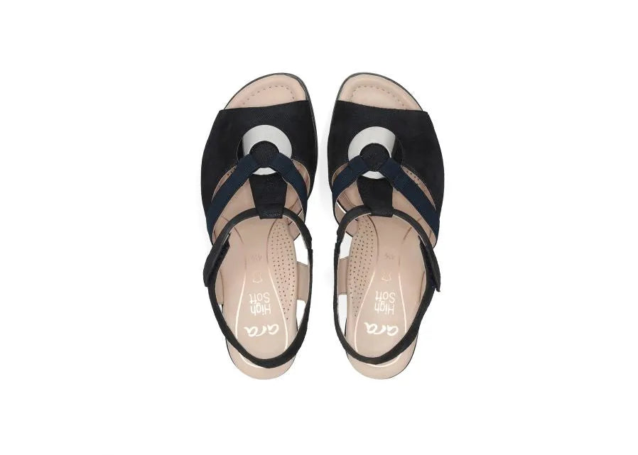Ara Navy Sandals with Block Heel and Silver Detail - Leavys Shoes