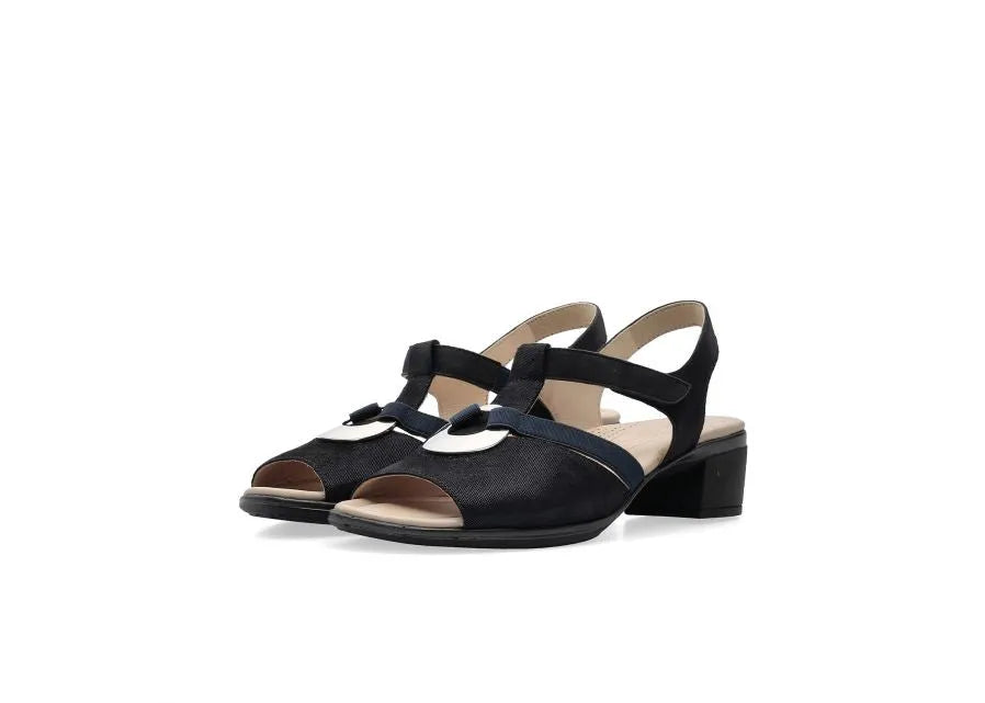Ara Navy Sandals with Block Heel and Silver Detail - Leavys Shoes