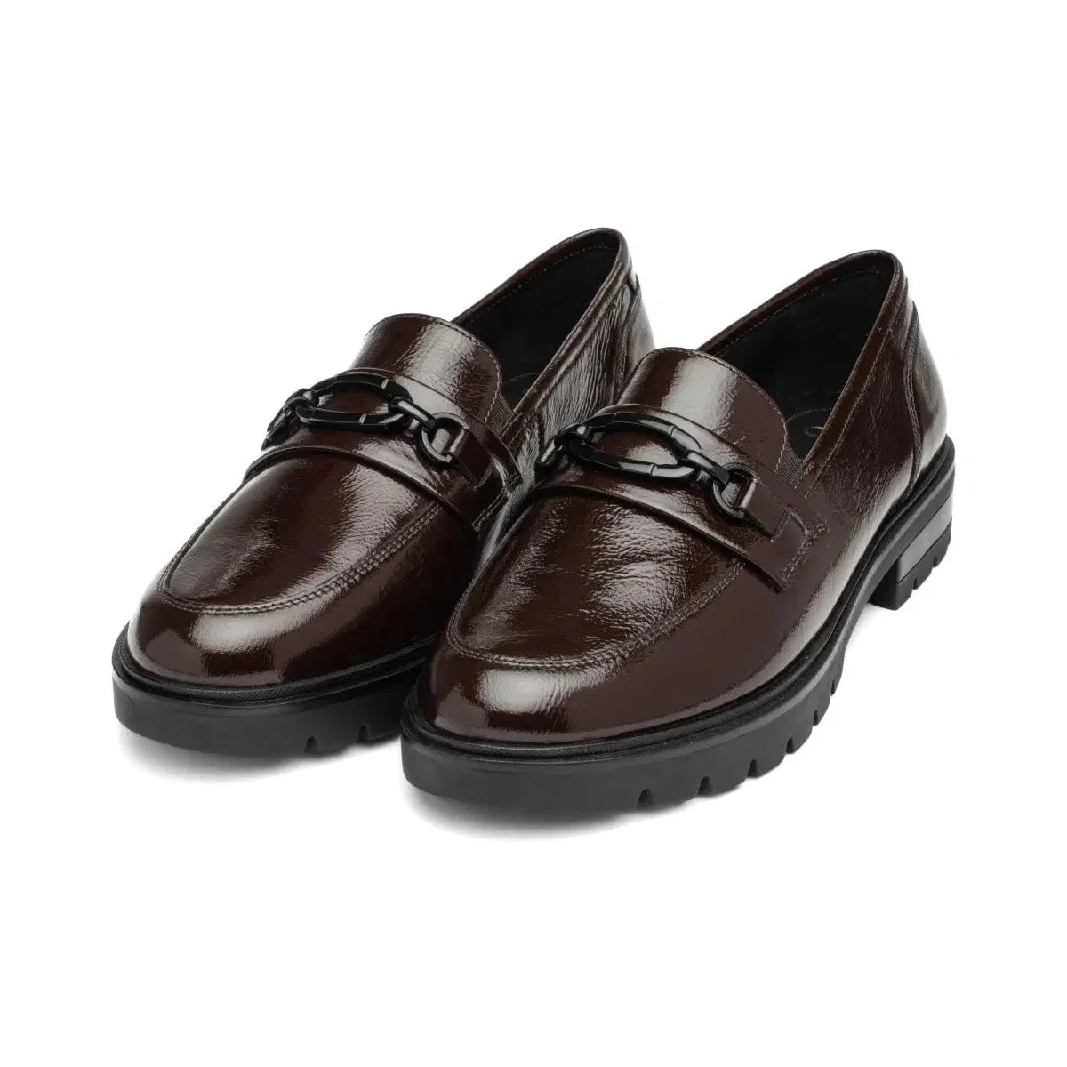 A pair of Ara Cambridge merlot patent loafers with black chain trim, shown from the front.