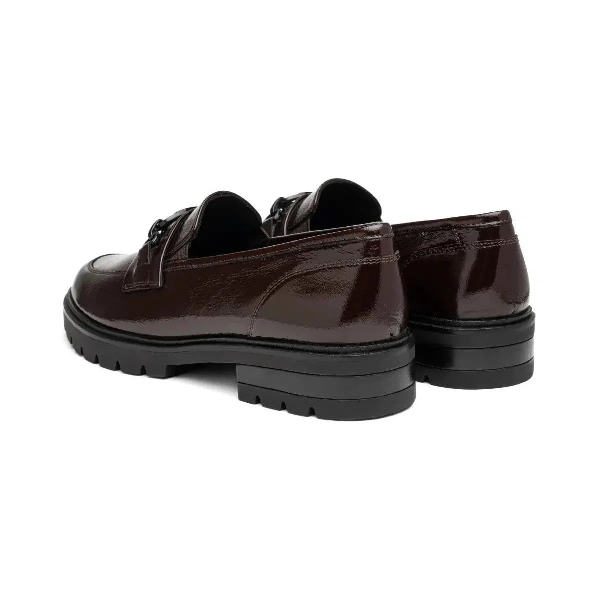 Rear view of Ara Cambridge merlot patent loafers, showing the block heels and glossy leather.