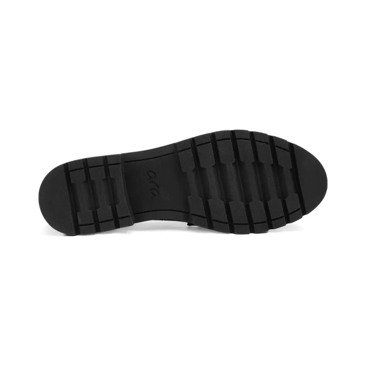 Black treaded outsole of the Ara Cambridge merlot patent loafer.