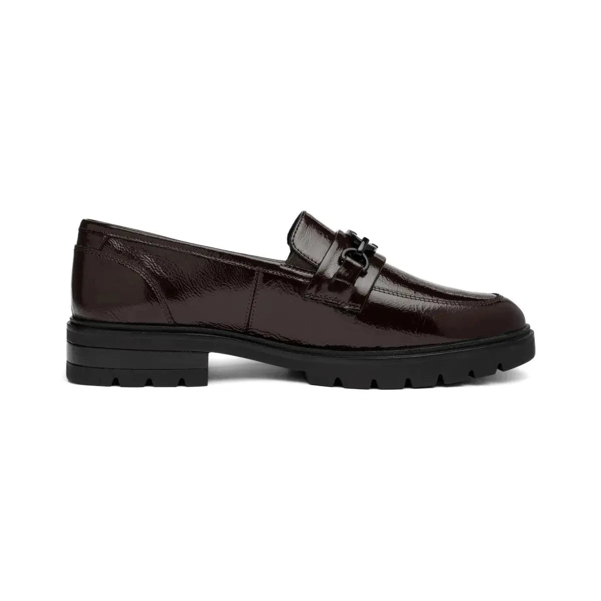 Outer side profile of the Ara Cambridge merlot patent loafer with black chain trim and chunky sole.