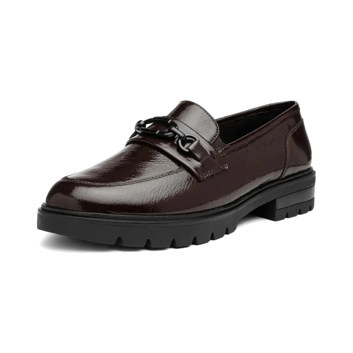Ara Cambridge merlot patent loafer shown at a three-quarter angle with black chain and apron stitching.