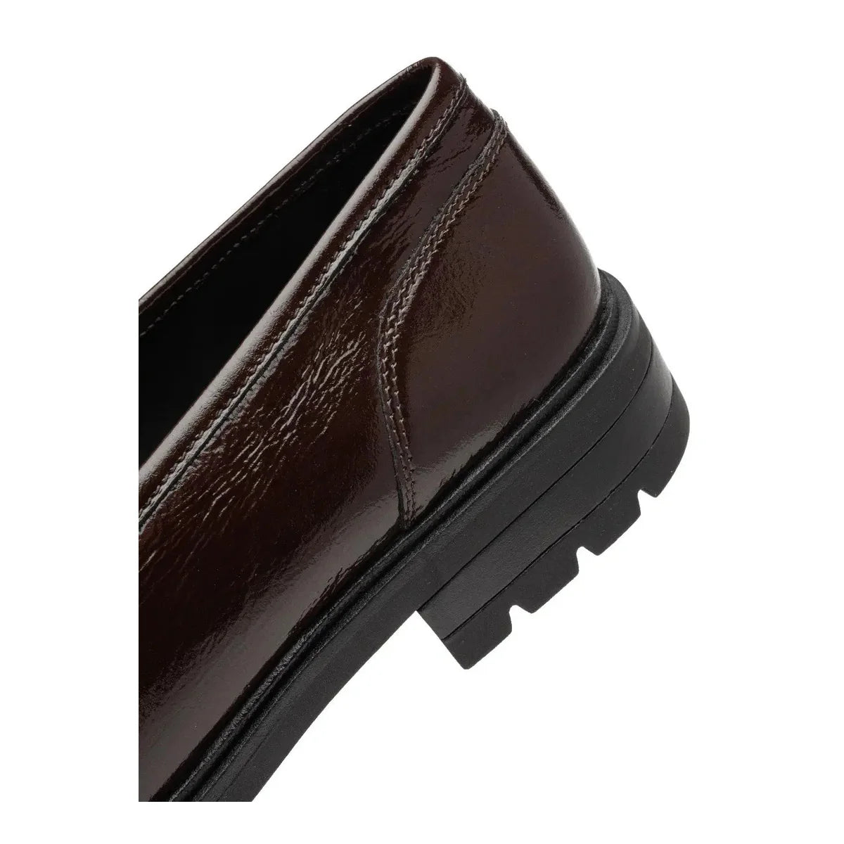 Close-up of the Ara Cambridge merlot patent leather heel, stitching and black sole.