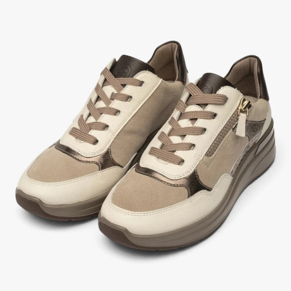 Ara Garda Cream & Taupe Leather Wide Fit Trainers