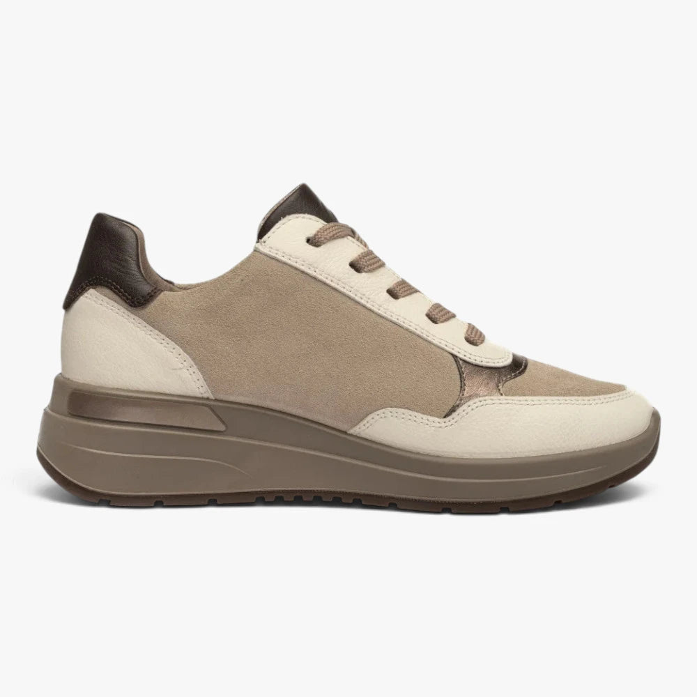 Ara Garda Cream & Taupe Leather Wide Fit Trainers