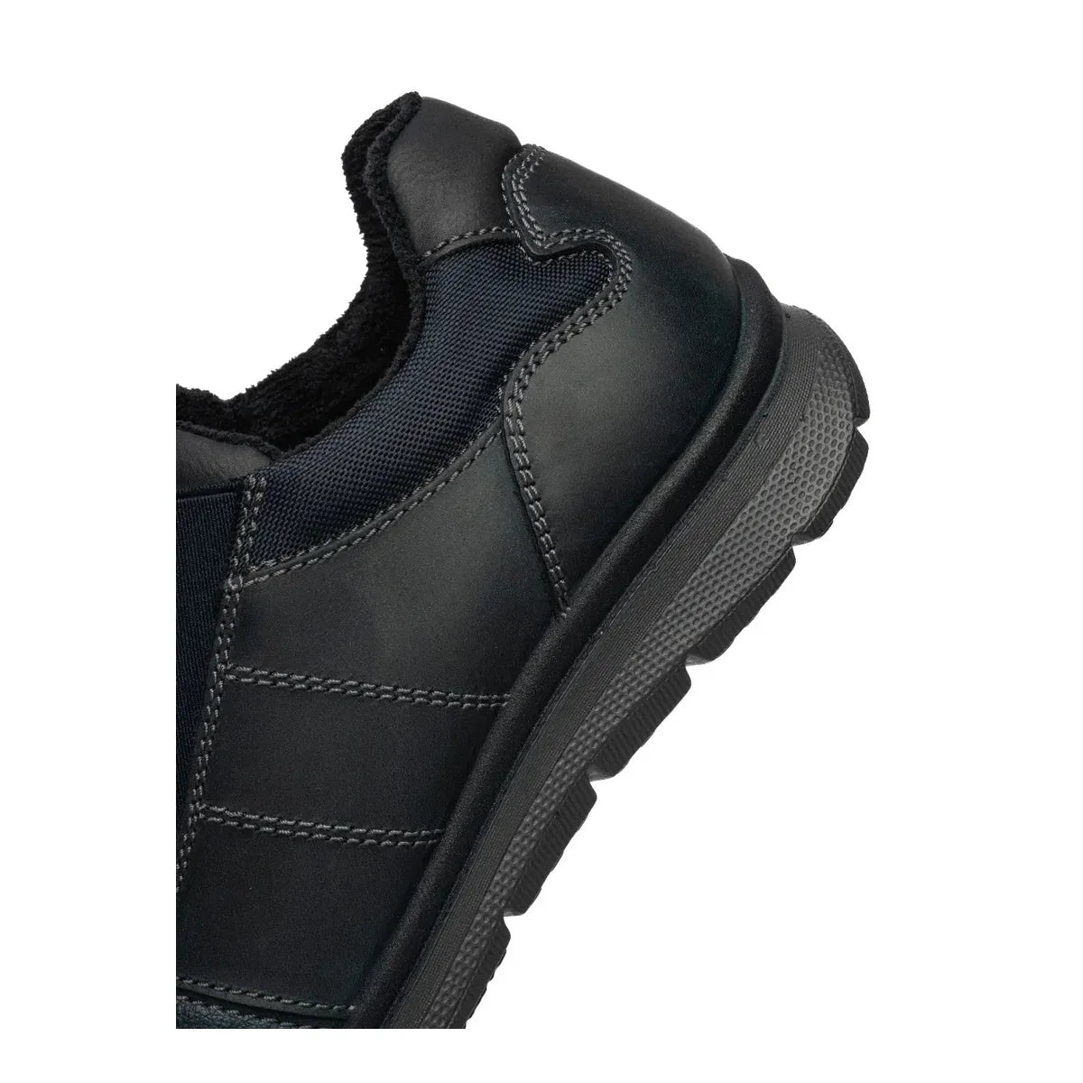 Close-up of the padded collar, navy leather and heel on the Ara Benjo shoe.