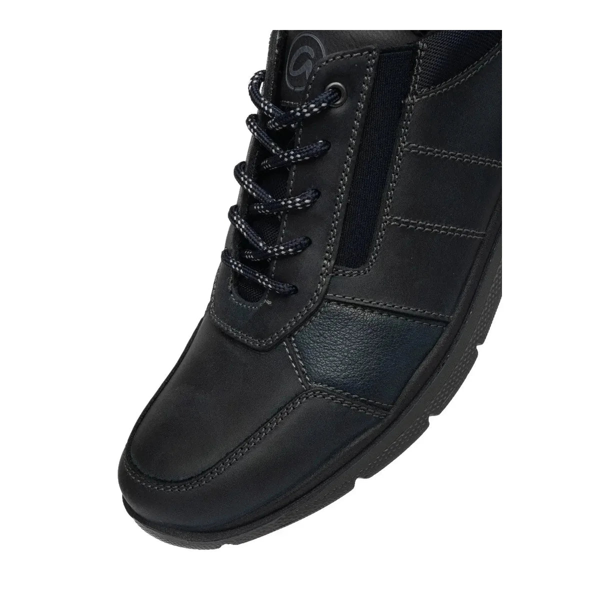 Close-up of the lacing and elasticated panel on the Ara Benjo navy leather shoe.