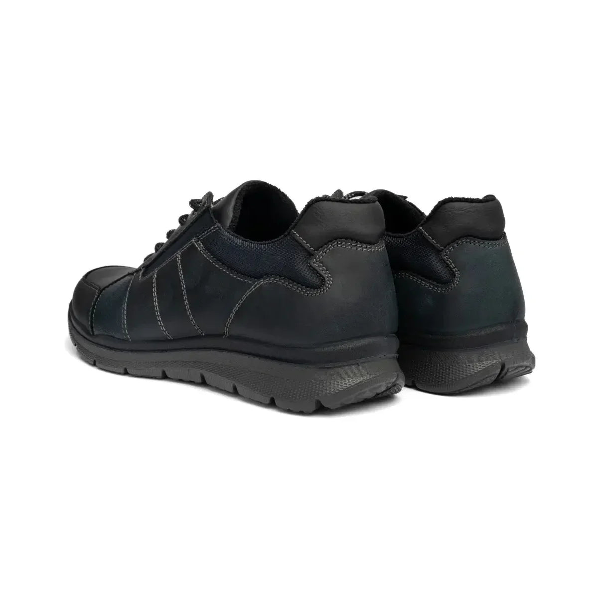 Rear view of a pair of Ara Benjo navy leather shoes, showing the padded heel collars.