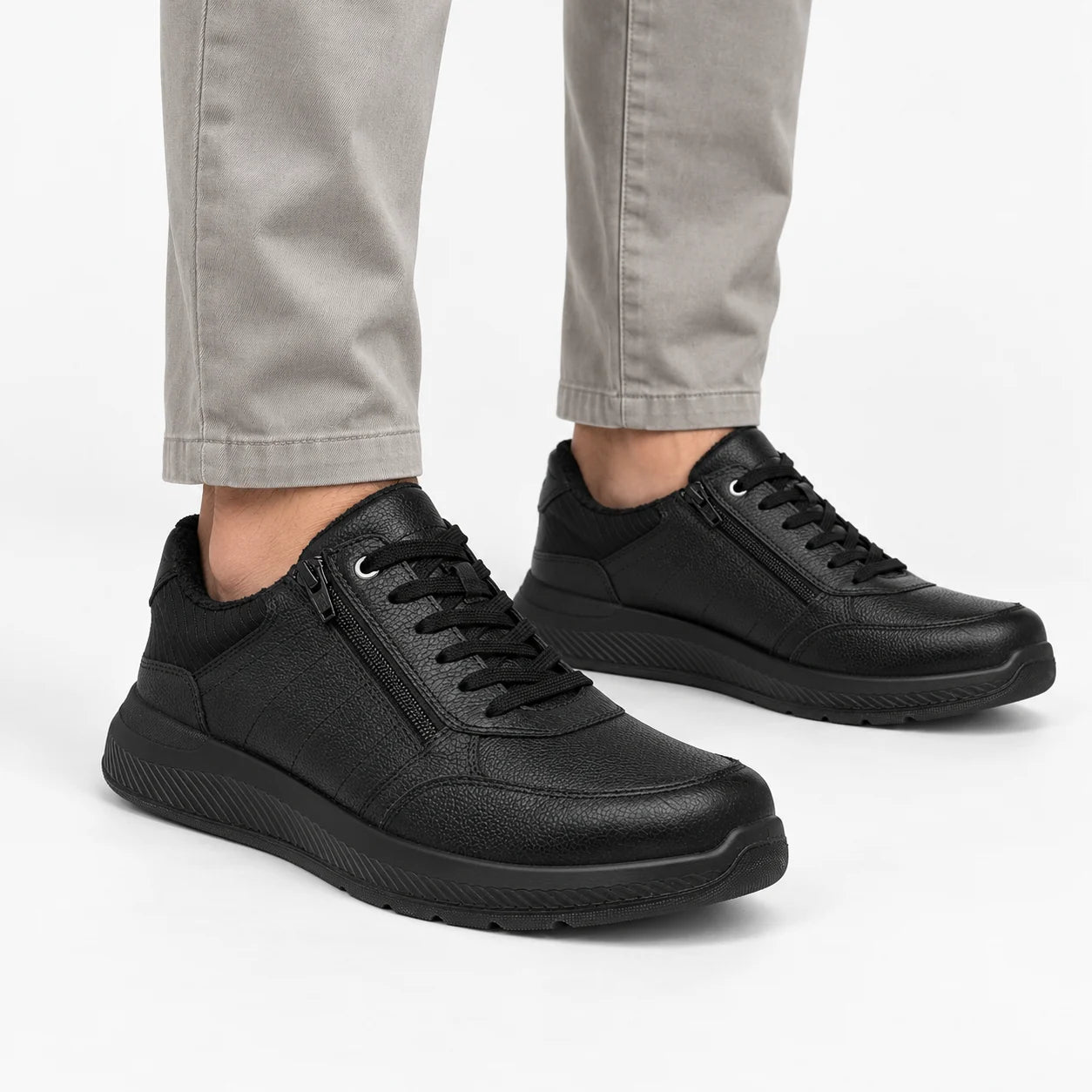 Ara Venturo Men's Extra Wide Leather Zip Trainers - Black worn by a model